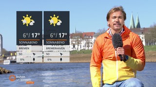 Wettermoderator Andree Pfitzner kniet neben den Wettertafeln, im Hintergrund die Weser und der Osterdeich