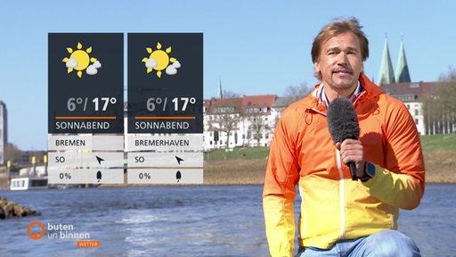 Wettermoderator Andree Pfitzner kniet neben den Wettertafeln, im Hintergrund die Weser und der Osterdeich