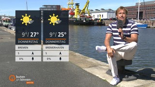 Die Wetterkacheln mit Moderator Andree Pfitzner an der Weser.