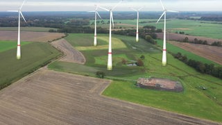 Mehrere Windkraftanlagen auf einem Feld.