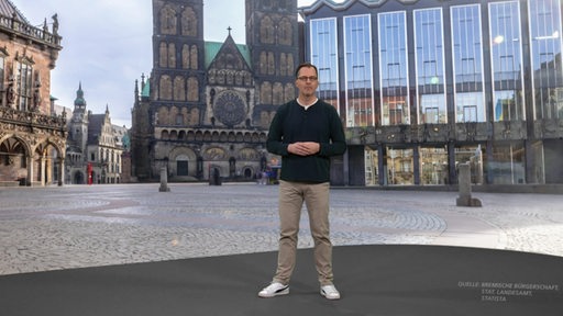 Reporter Dr. Frank Schulte im buten un binnen Studio vor dem Green-Screen, auf dem die Bürgerschaft zu sehen ist.