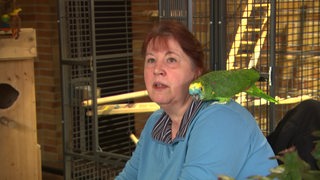 Ein Papagei sitzt auf der Schulter einer Frau, im Hintergrund eine Voliere.