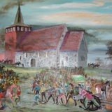 Ein Gemälde zeigt Menschen, die vor einer Kirche kämpfen.