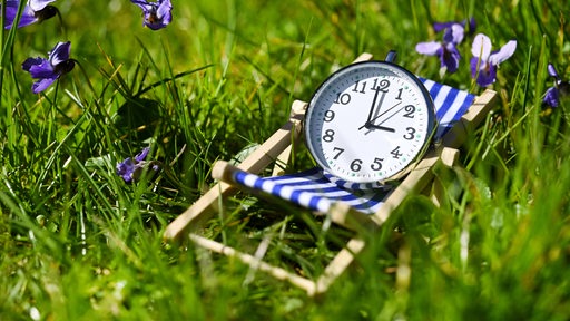 Weiße Uhr im Liegestuhl im Gras.