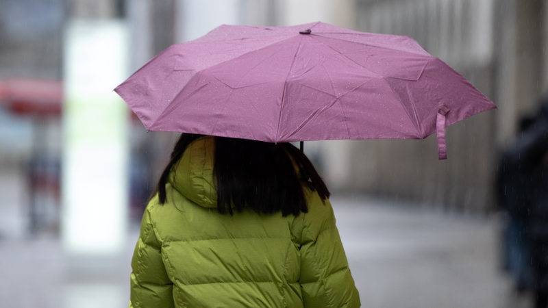 Eine Frau von hinten mit Regenschirm und Winterjacke (Symbolbild)