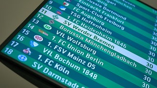 Blick auf einen Monitor, der die Tabelle der Fußball-Bundesliga anzeigt, auf der Werder Bremen auf Rang elf liegt.