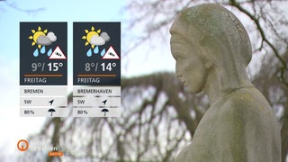 Links sind die Wetterkacheln und rechts daneben ist eine Seitenprofil einer Steinstatue zu sehen.